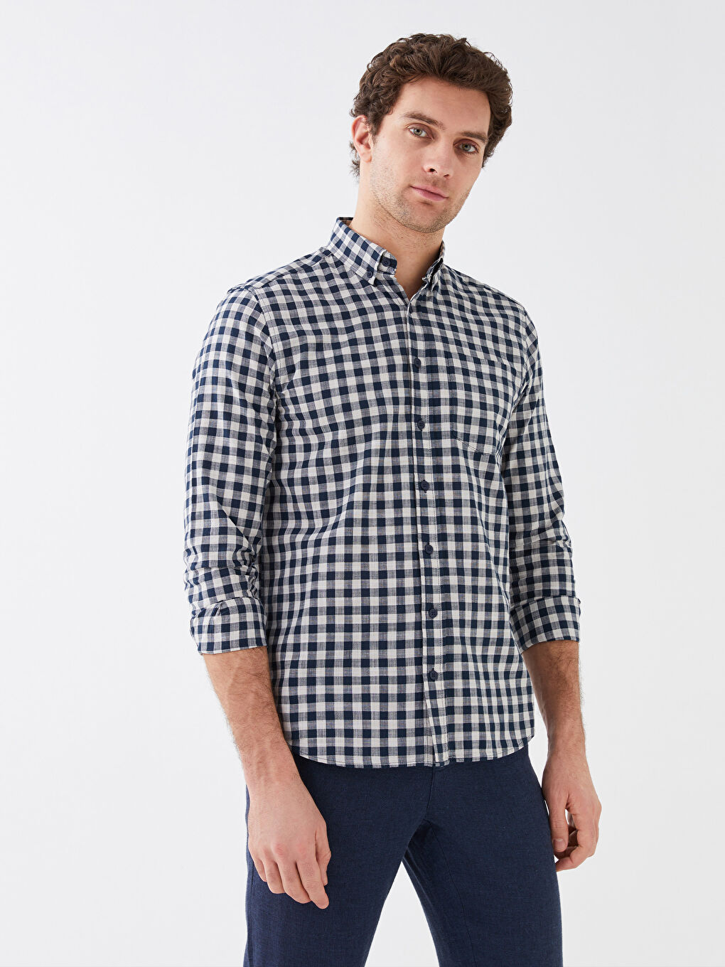 Bej Regular Fit Uzun Kollu Ekose Poplin Erkek Gömlek-1