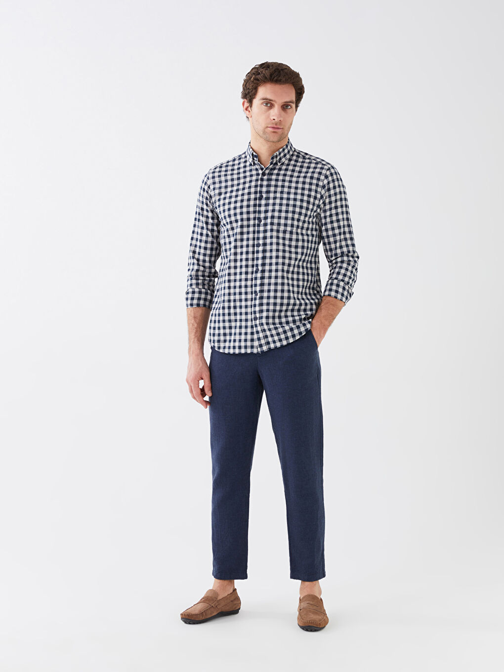 Bej Regular Fit Uzun Kollu Ekose Poplin Erkek Gömlek-2