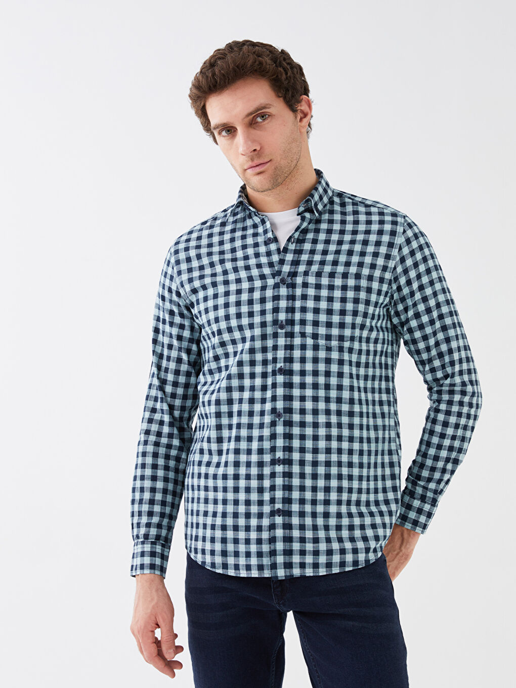 قميص بوبلين كاروهات كم طويل عادي للرجال