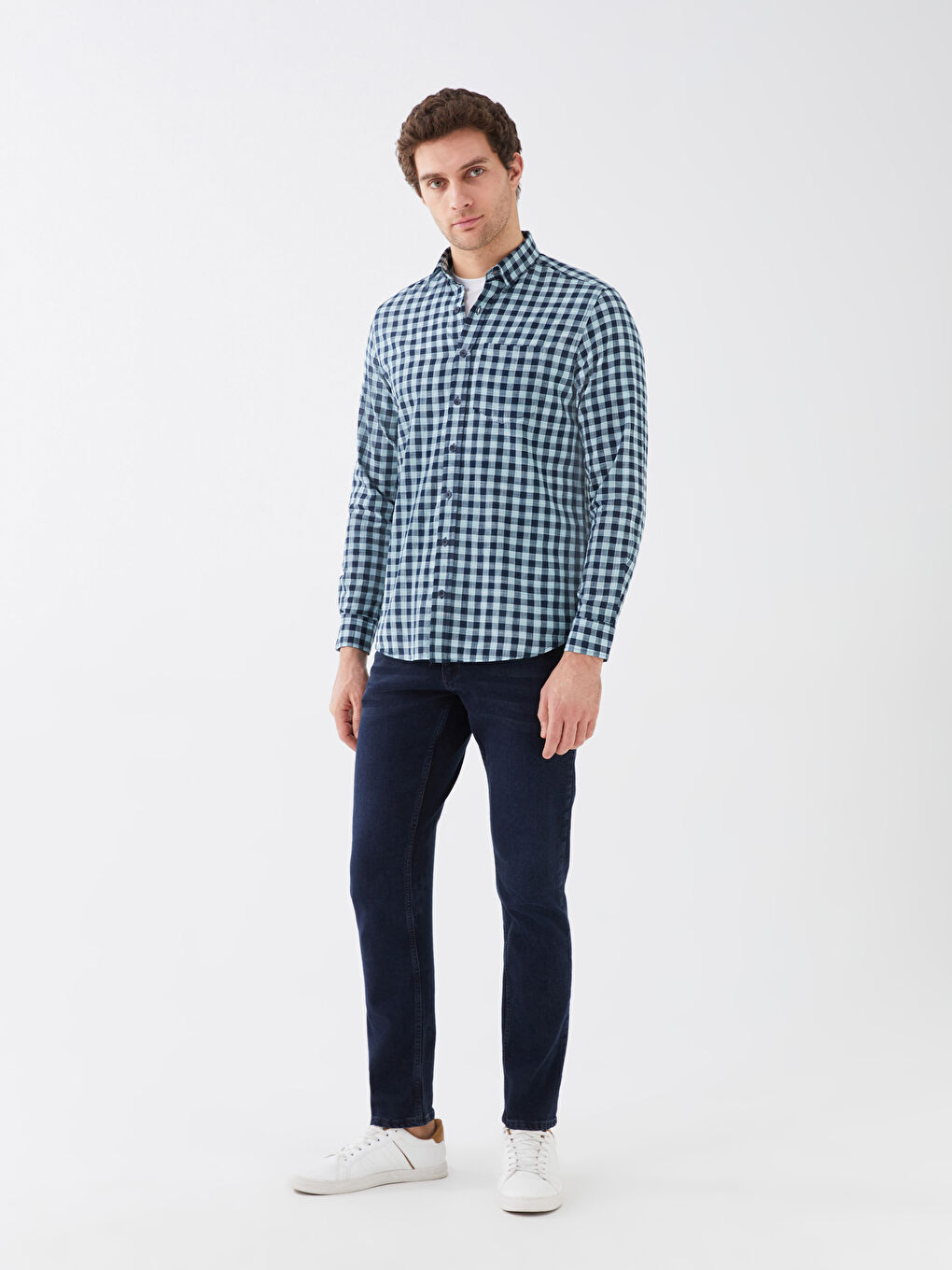 قميص بوبلين كاروهات كم طويل عادي للرجال-1