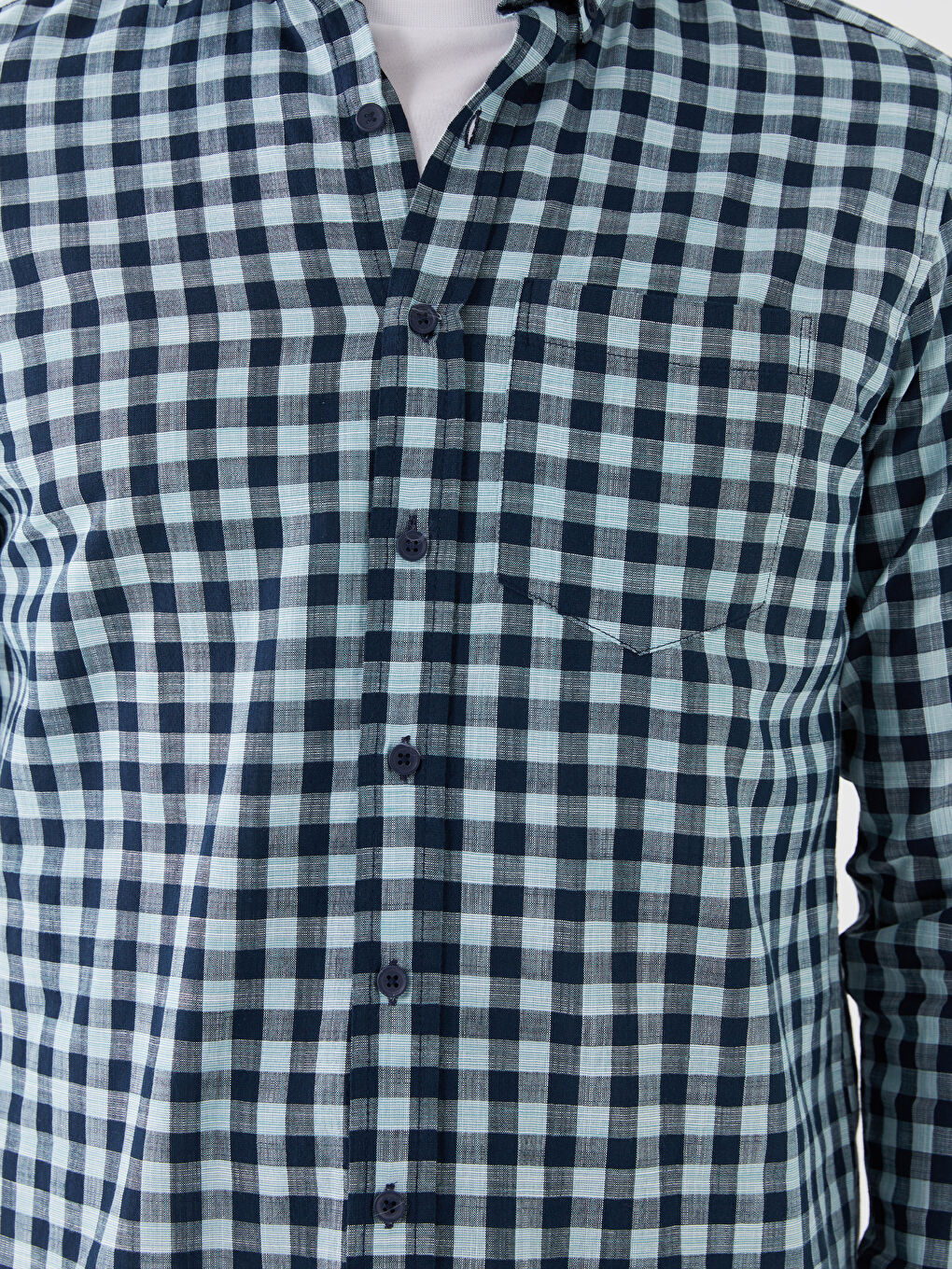 قميص بوبلين كاروهات كم طويل عادي للرجال-2