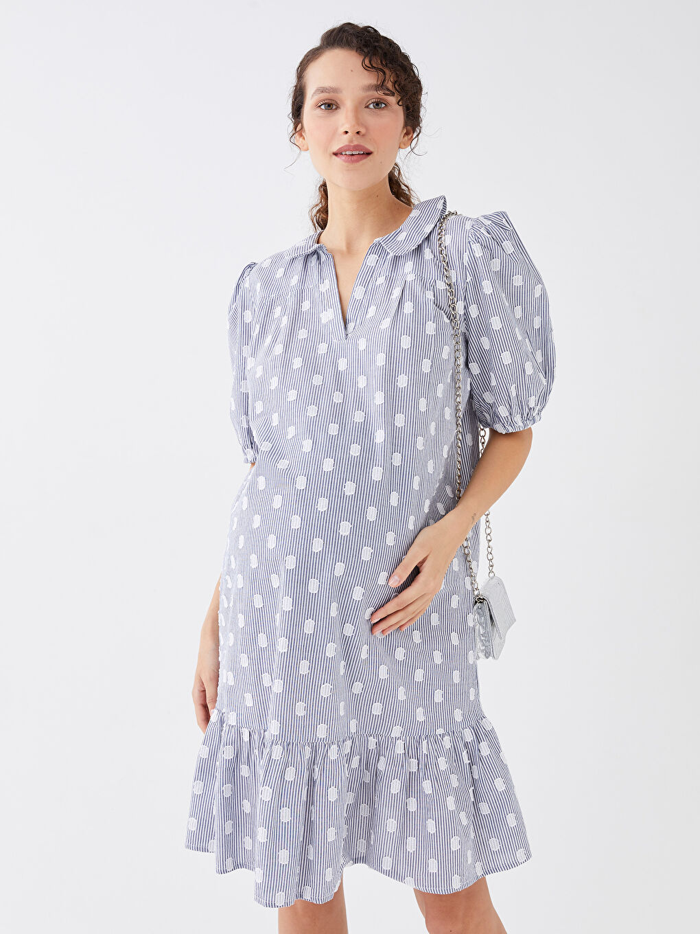 LCWAIKIKI Maternity Kaçık Yaka Desenli Kısa Kollu Hamile Elbise -S31558Z8-LGS