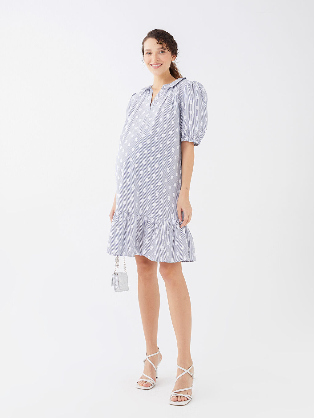 LCWAIKIKI Maternity Kaçık Yaka Desenli Kısa Kollu Hamile Elbise -S31558Z8-LGS