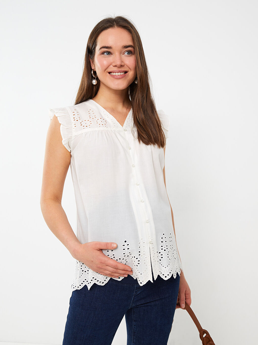 LCWAIKIKI Maternity V-Ausschnitt Bestickte Popeline Umstandsbluse -S31559Z8-E5X