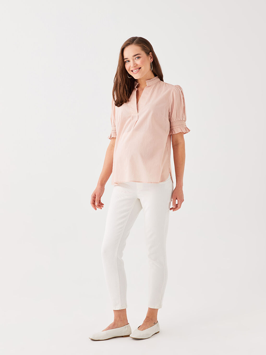 LCWAIKIKI Maternity Kaçık Yaka Nakışlı Kısa Kollu Hamile Bluz -S31560Z8-SKD