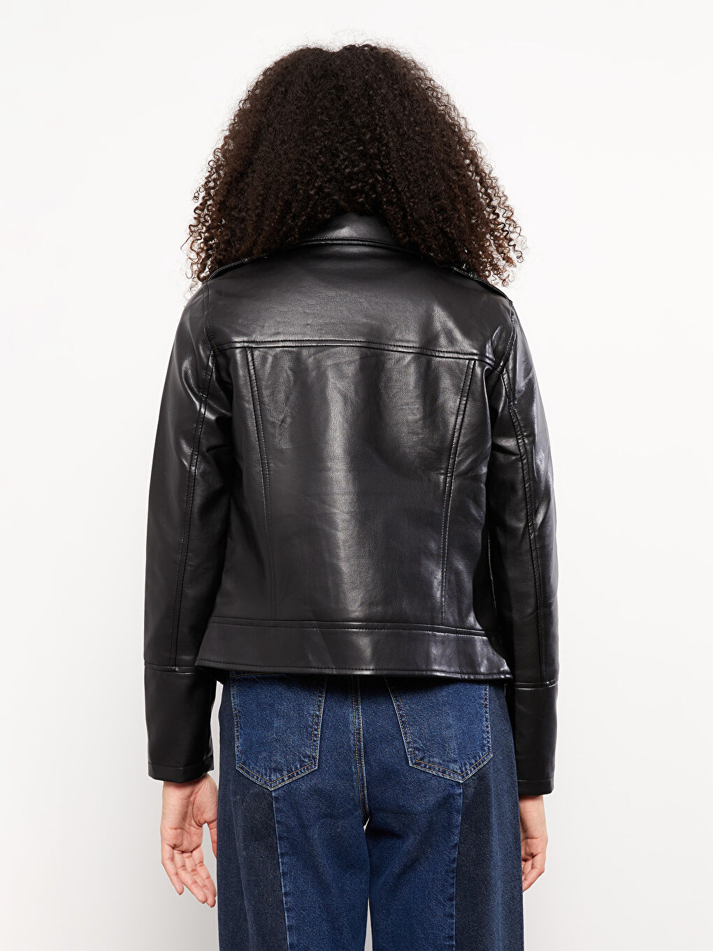Siyah Kadın Biker Yaka Düz Deri Görünümlü Mont-4