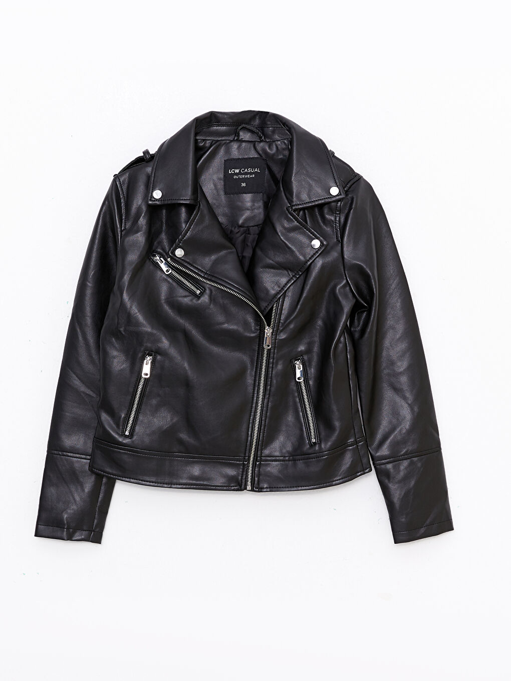 Siyah Kadın Biker Yaka Düz Deri Görünümlü Mont-5