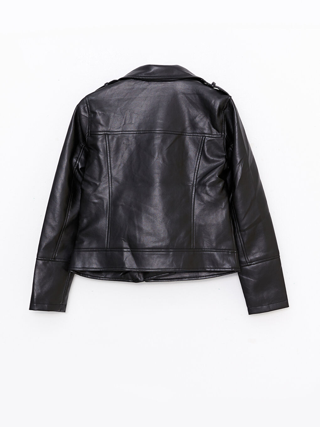 Siyah Kadın Biker Yaka Düz Deri Görünümlü Mont-6