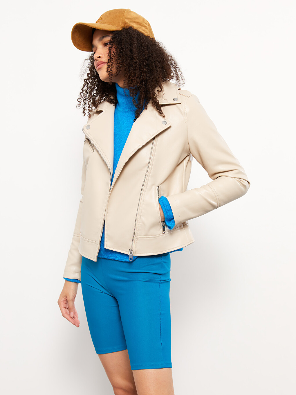 Woman Beige Faux Leather Jacket-1