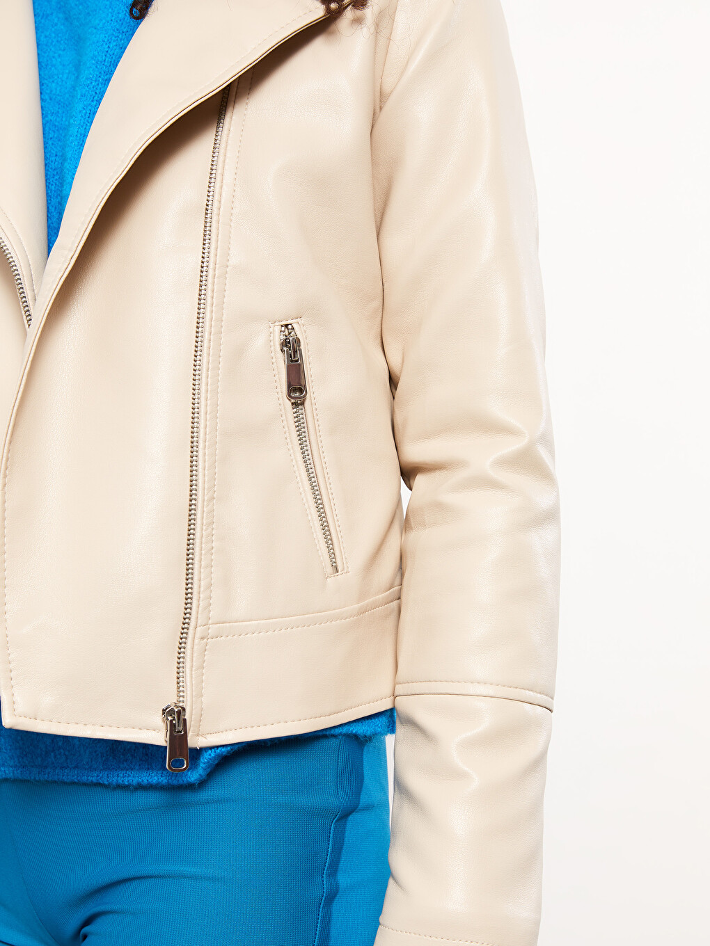 Woman Beige Faux Leather Jacket-3