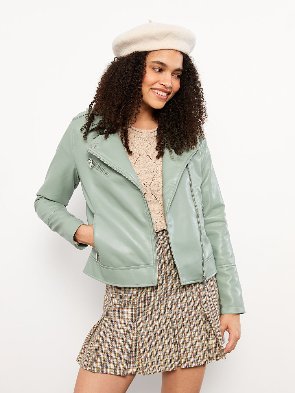 Veste en similicuir unie à col motard pour Femmes-1