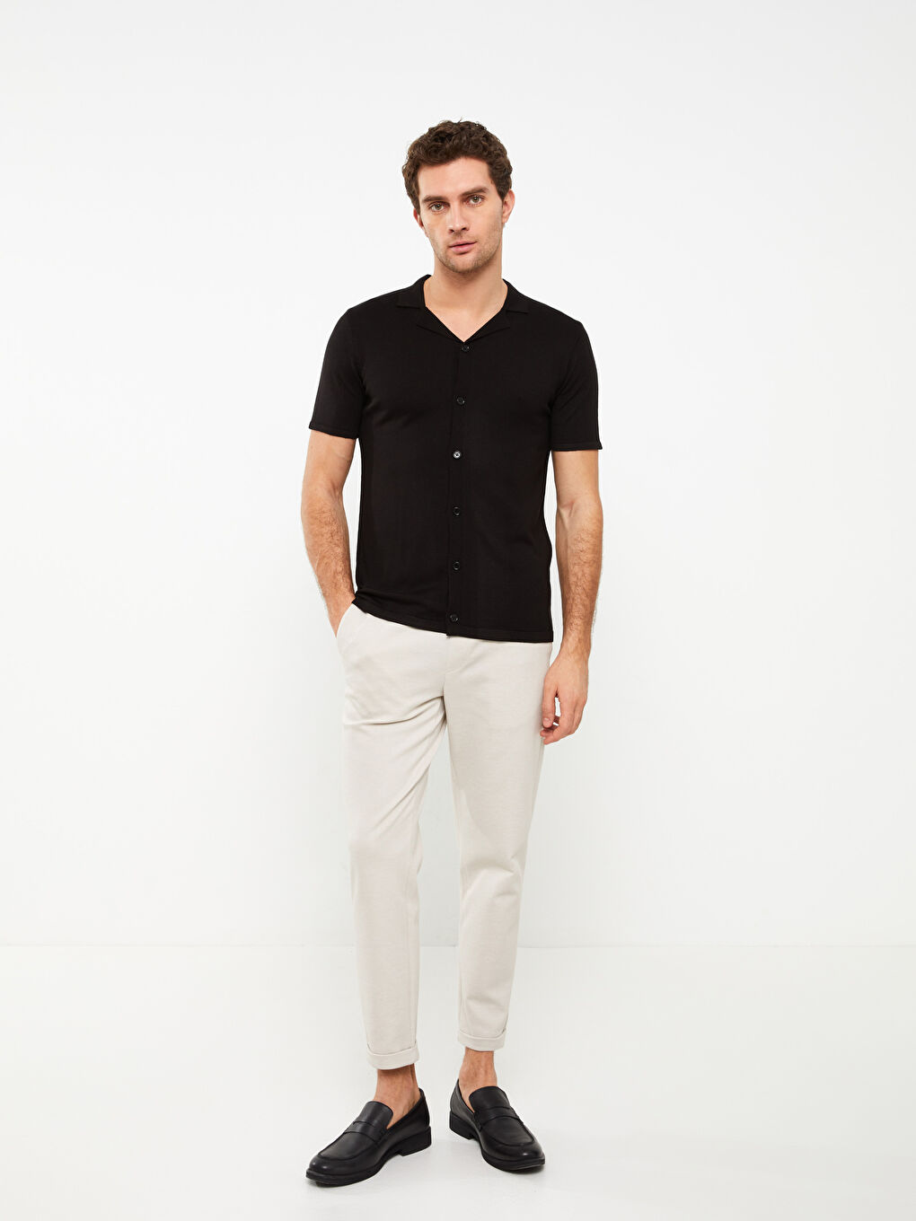 Siyah Regular Fit Kısa Kollu Erkek Triko Gömlek-2