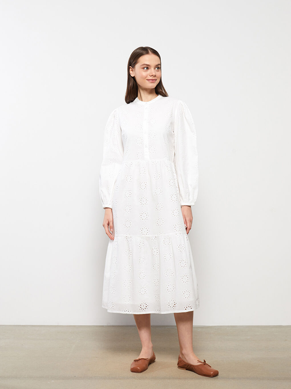 LCW Modest Crew Neck Embroidered Long Sleeve Women's Dress -S31659Z8-SDG