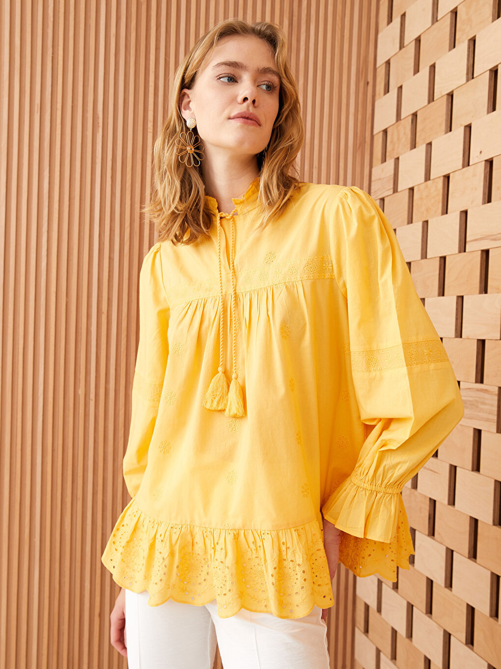 Button Down Collar Embroidered Poplin Long Sleeve Women's Shirt -S31661Z8-STU