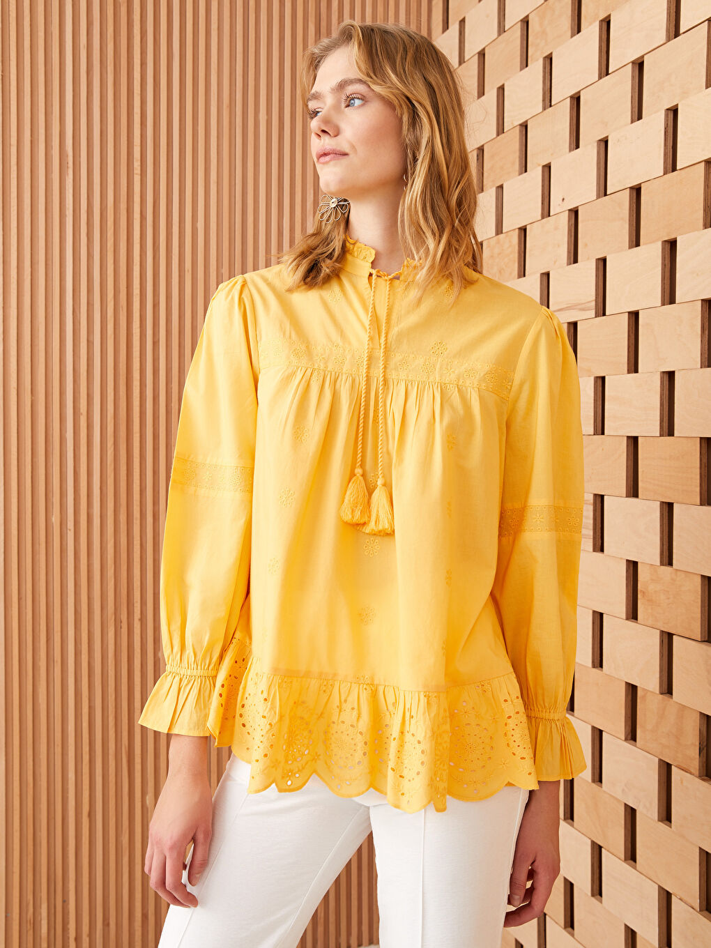 Button Down Collar Embroidered Poplin Long Sleeve Women's Shirt -S31661Z8-STU