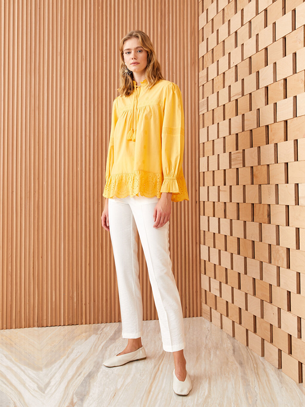 Button Down Collar Embroidered Poplin Long Sleeve Women's Shirt -S31661Z8-STU