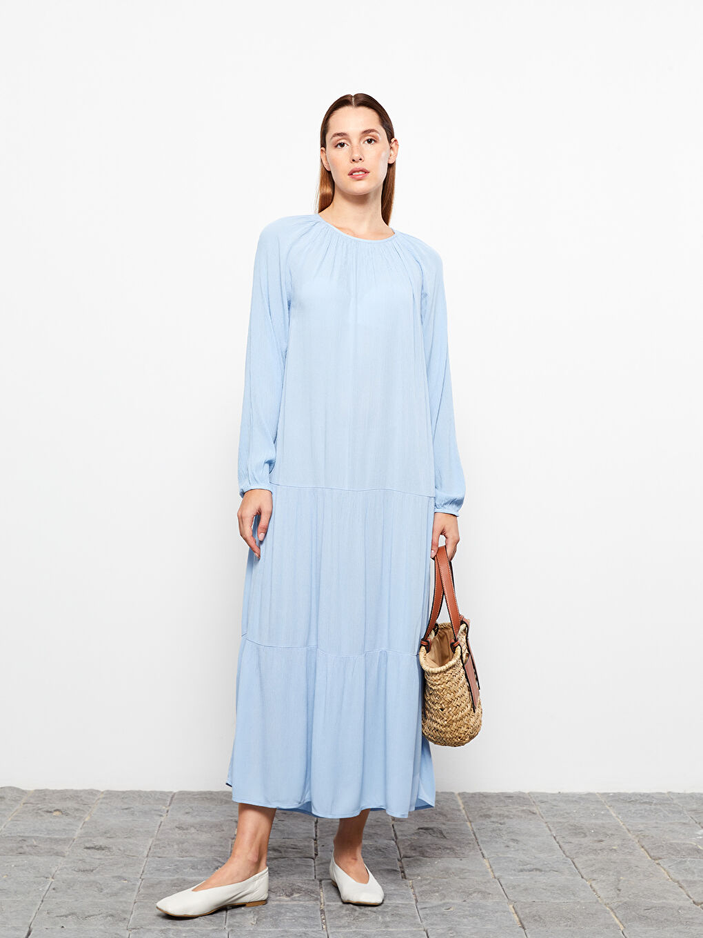 LCW Modest Bisiklet Yaka Düz Uzun Kollu Kadın Elbise -S31668Z8-SUF