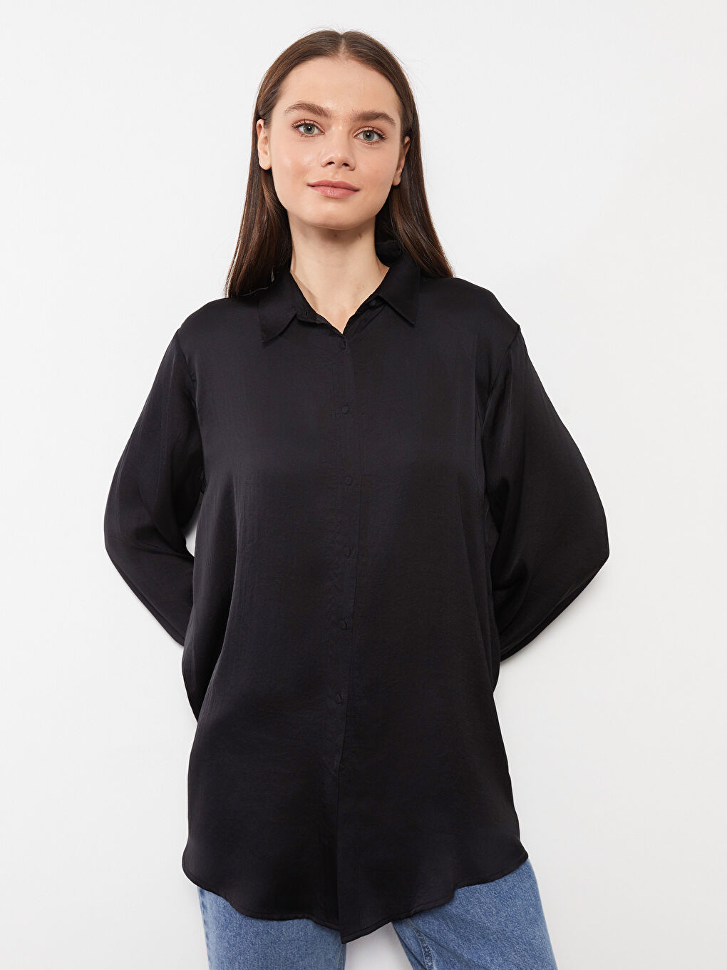 Plain Long Sleeve Satin Women's Shirt Tunic -S31670Z8-RQL
