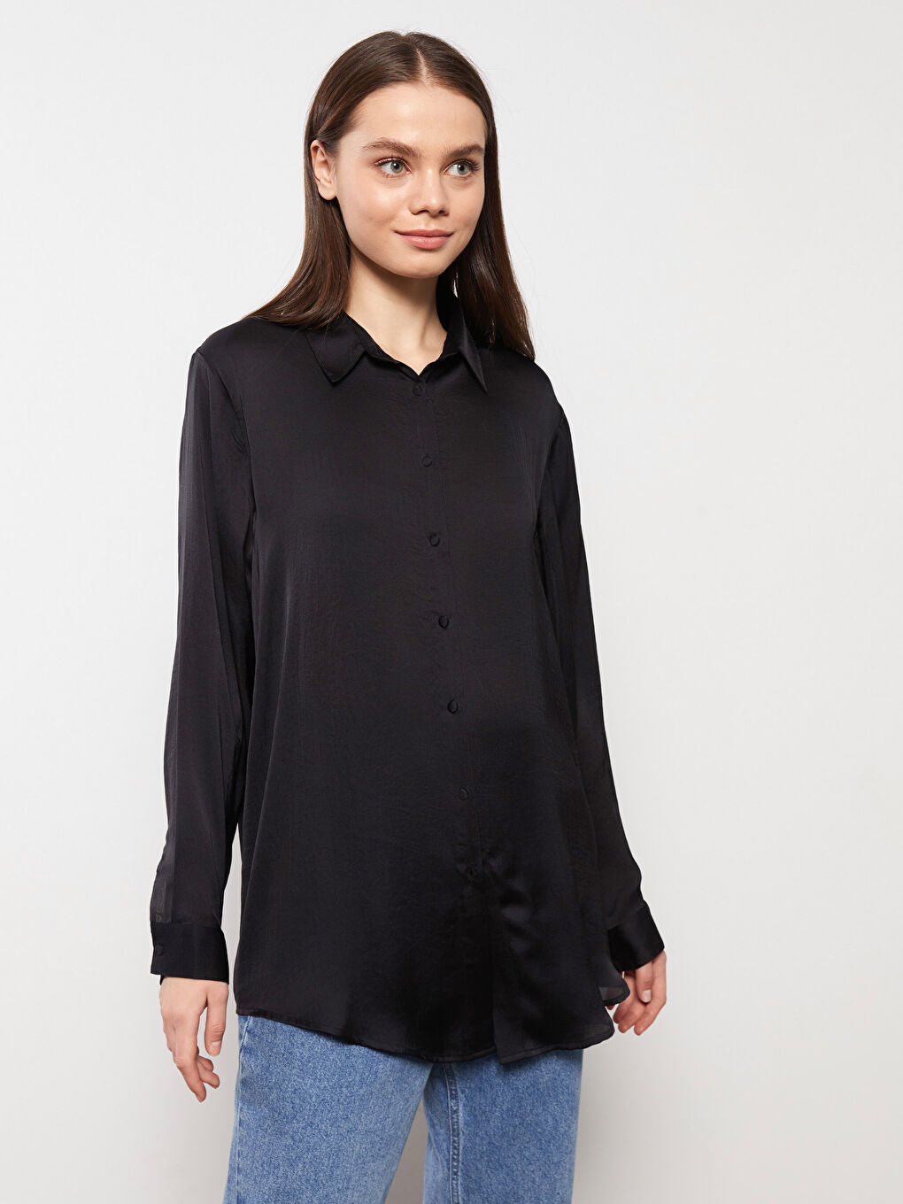 Plain Long Sleeve Satin Women's Shirt Tunic -S31670Z8-RQL
