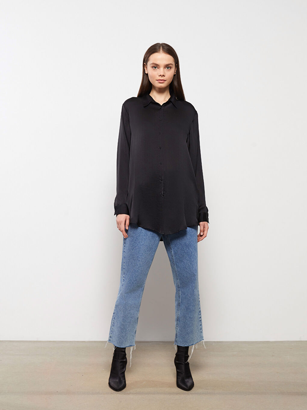 Plain Long Sleeve Satin Women's Shirt Tunic -S31670Z8-RQL