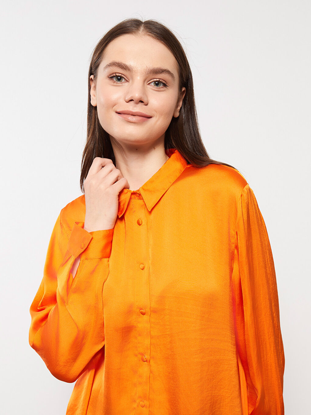 Plain Long Sleeve Satin Women's Shirt Tunic-1