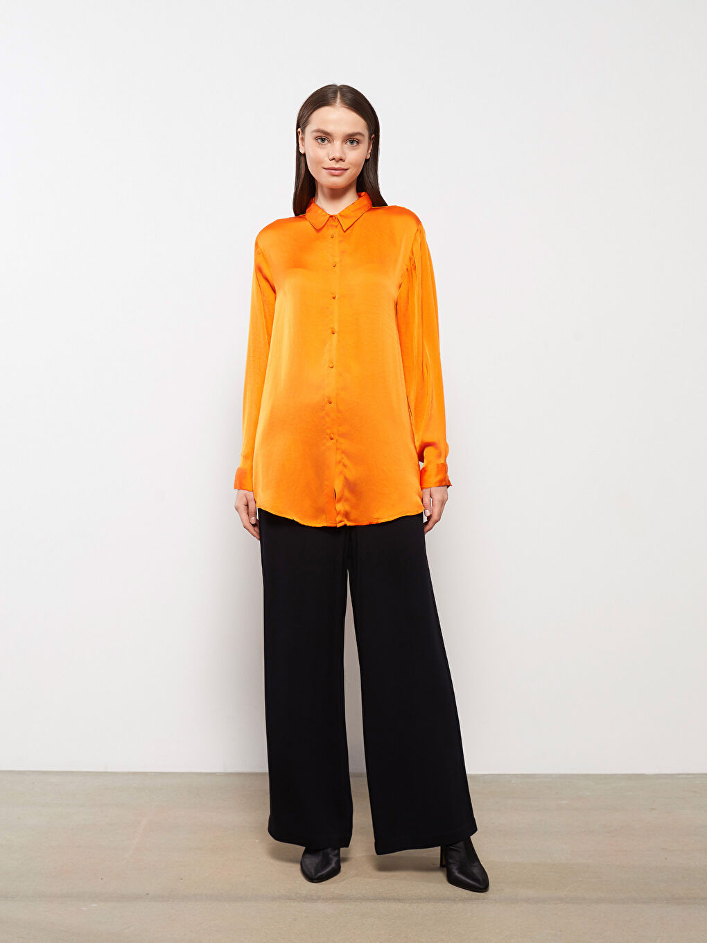 Plain Long Sleeve Satin Women's Shirt Tunic-2