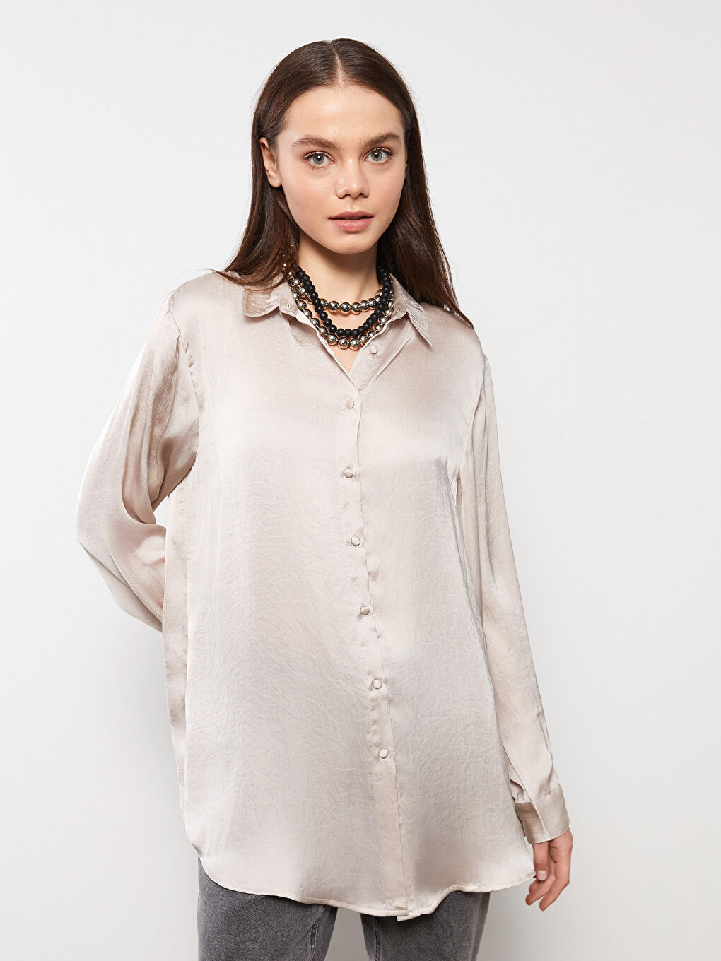 تونيك قميص نسائي ساتان بسيط بكم طويل