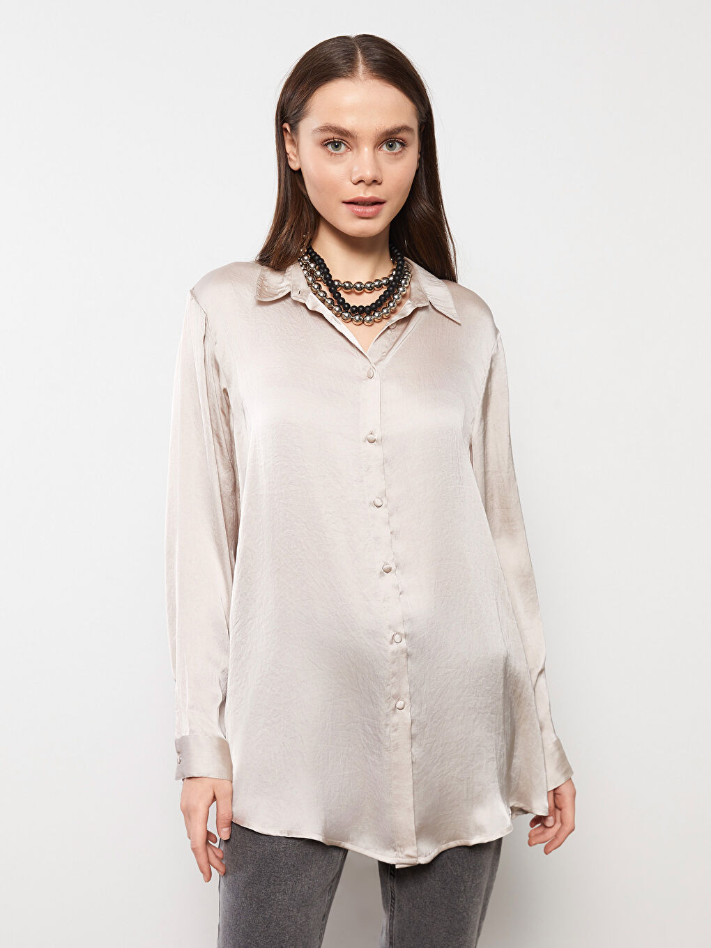 تونيك قميص نسائي ساتان بسيط بكم طويل-1