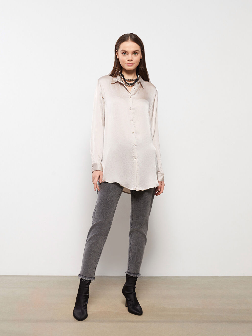 تونيك قميص نسائي ساتان بسيط بكم طويل-2