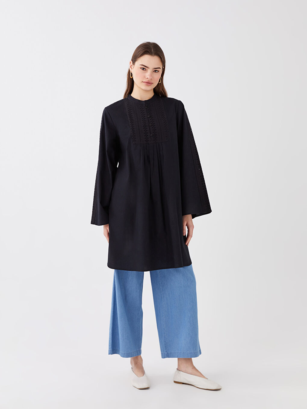 Grandad Collar Embroidered Long Sleeve Women's Tunic -S31672Z8-RQL