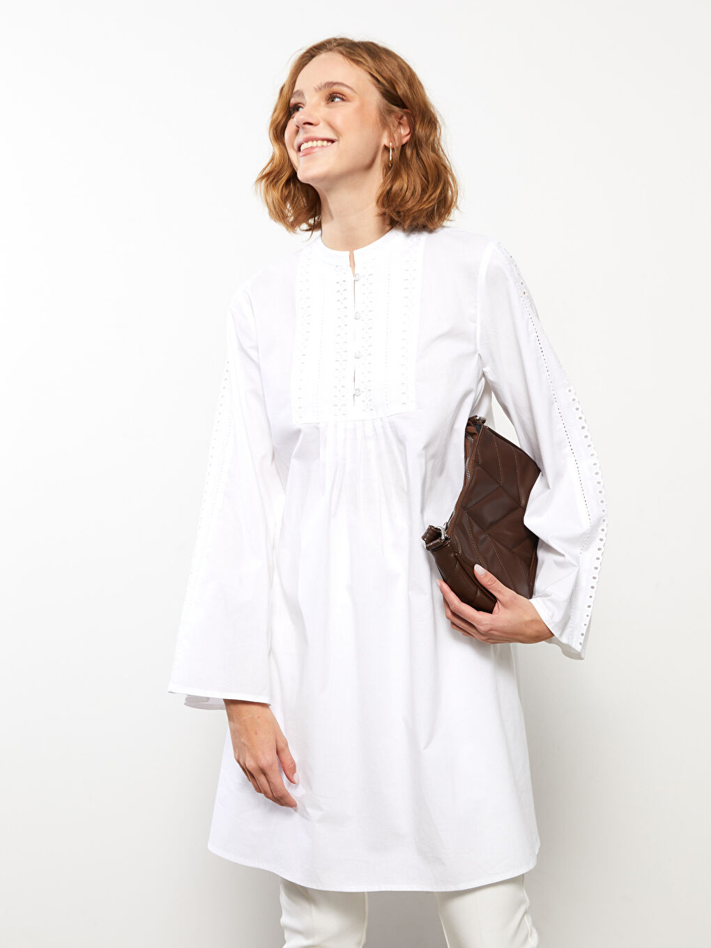 Grandad Collar Embroidered Long Sleeve Women's Tunic-1