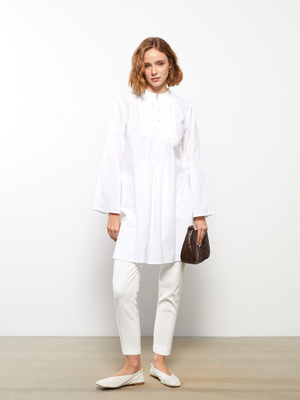 Grandad Collar Embroidered Long Sleeve Women's Tunic-3