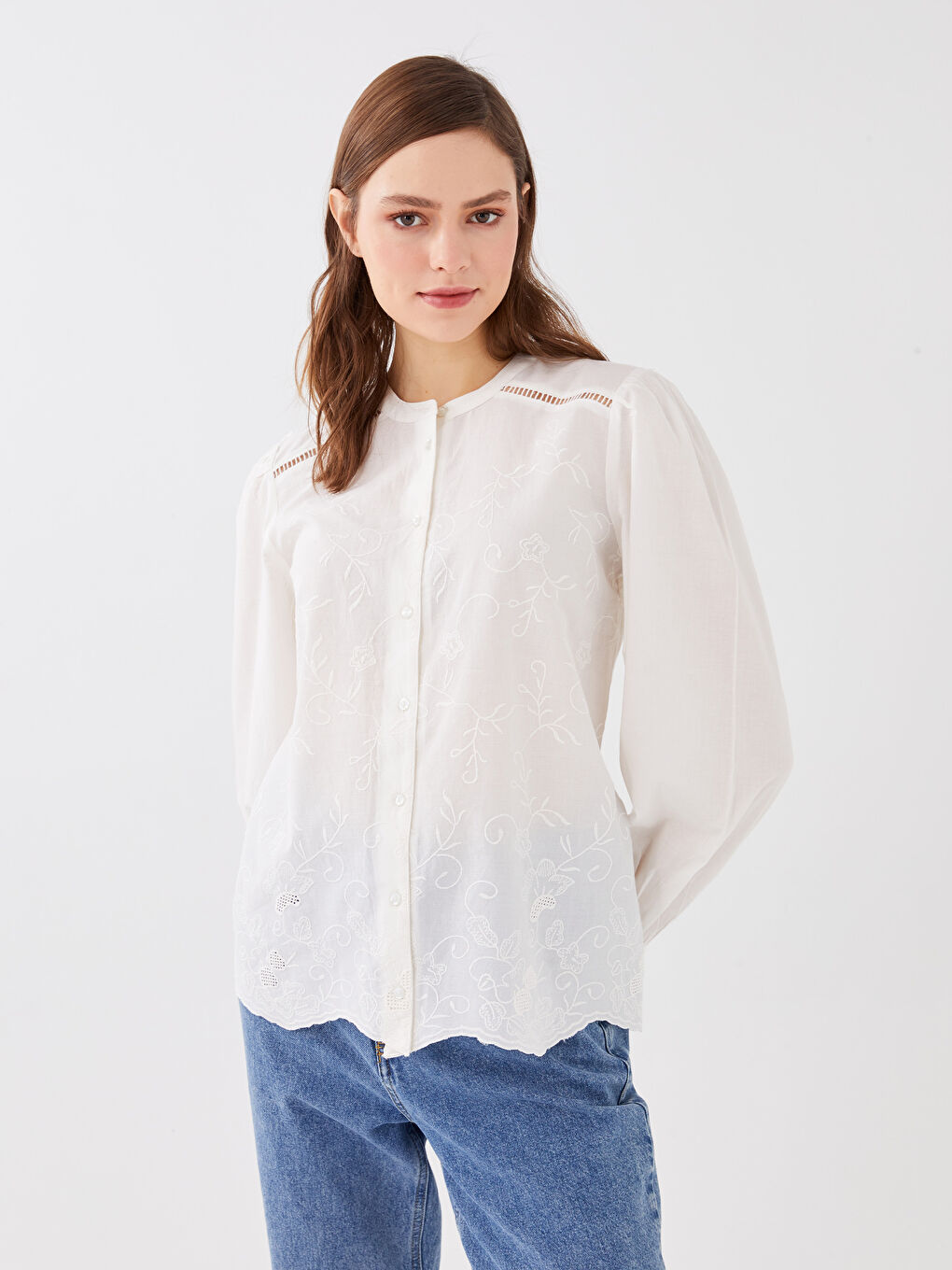 بلوزة ياقة مندرين مطرزة كم طويل للسيدات-1