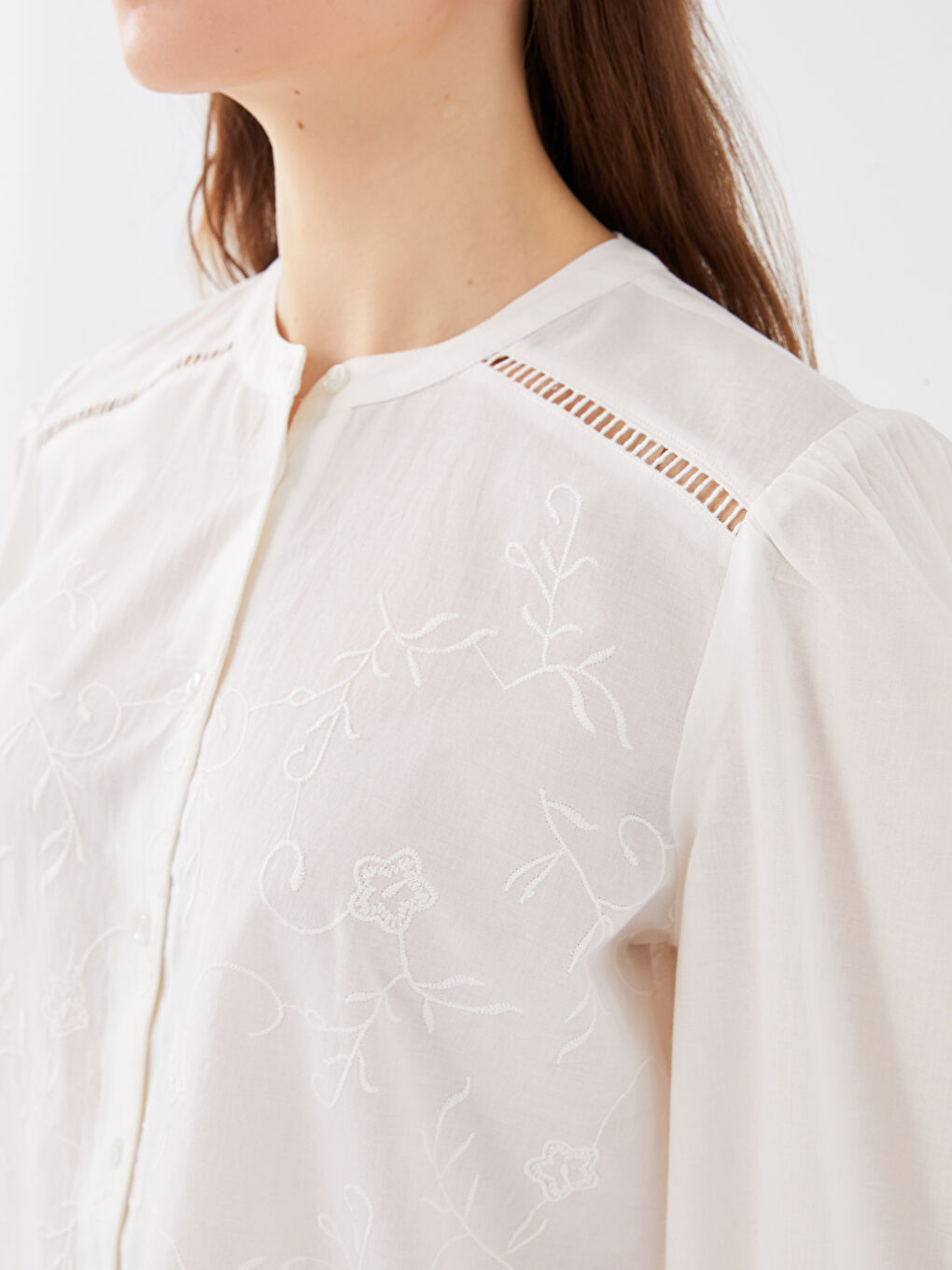 بلوزة ياقة مندرين مطرزة كم طويل للسيدات-3