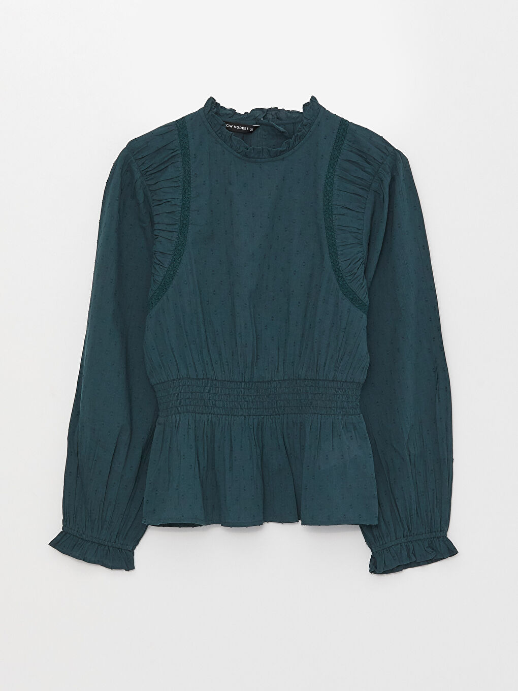 بلوزة حريمي بأكمام طويلة مطرزة وياقة واقفة مكشكشة-5