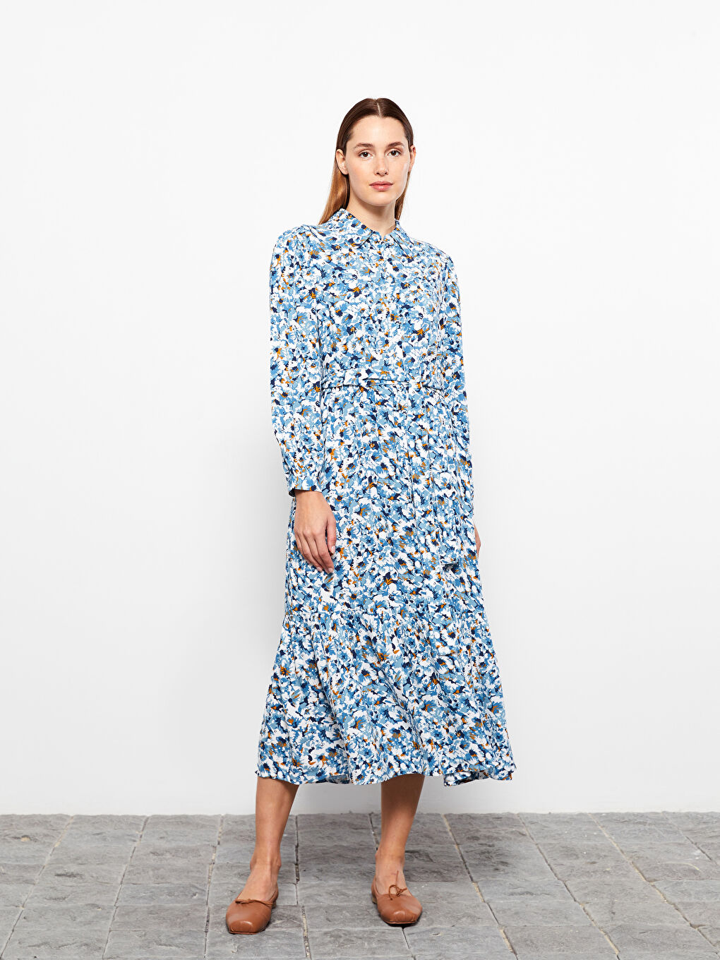 Shirt Neck Patterned Long Sleeve Viscose Women's Dress-1