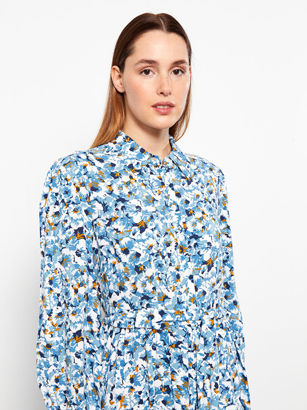 Shirt Neck Patterned Long Sleeve Viscose Women's Dress-2