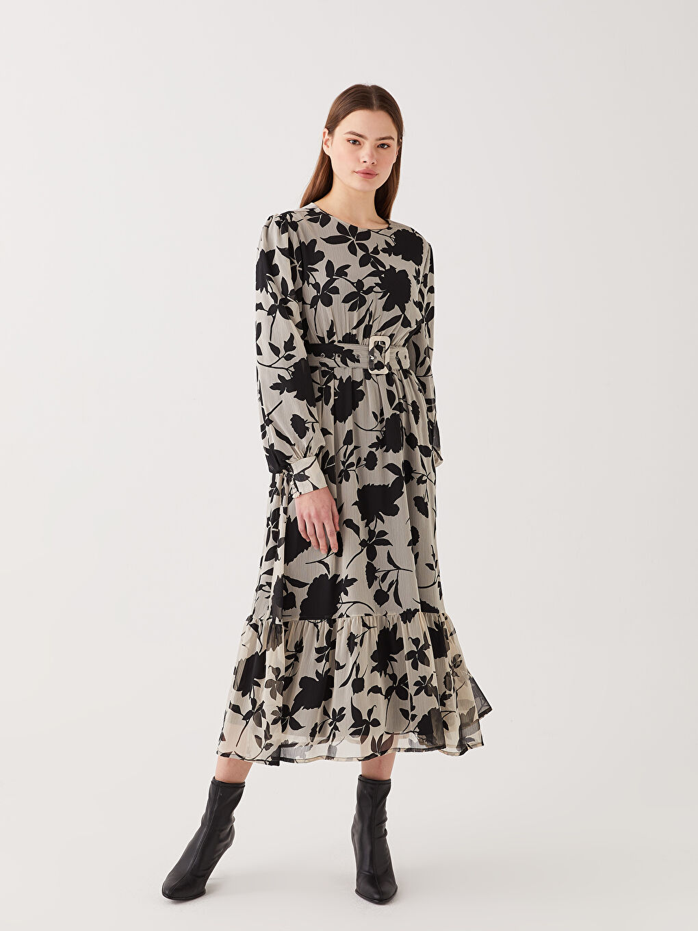Crew Neck Patterned Long Sleeve Women's Dress -S31690Z8-LQJ