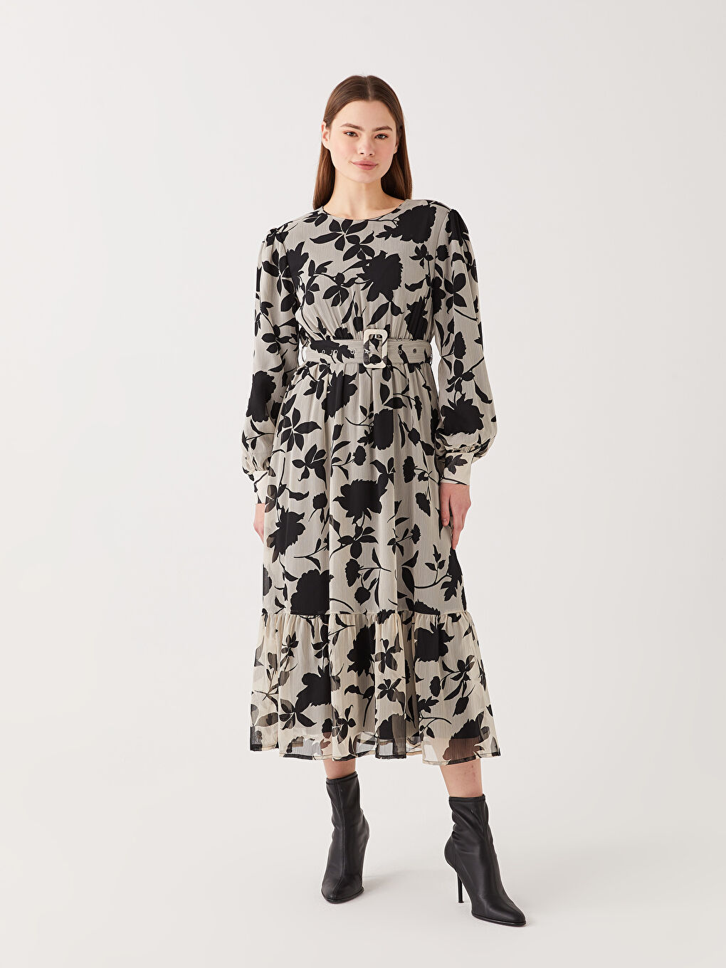 Crew Neck Patterned Long Sleeve Women's Dress -S31690Z8-LQJ