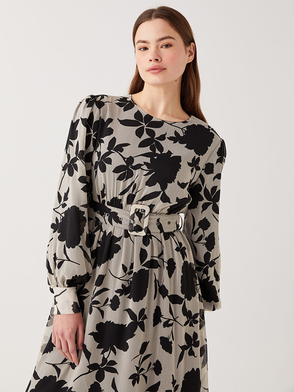 Crew Neck Patterned Long Sleeve Women's Dress -S31690Z8-LQJ