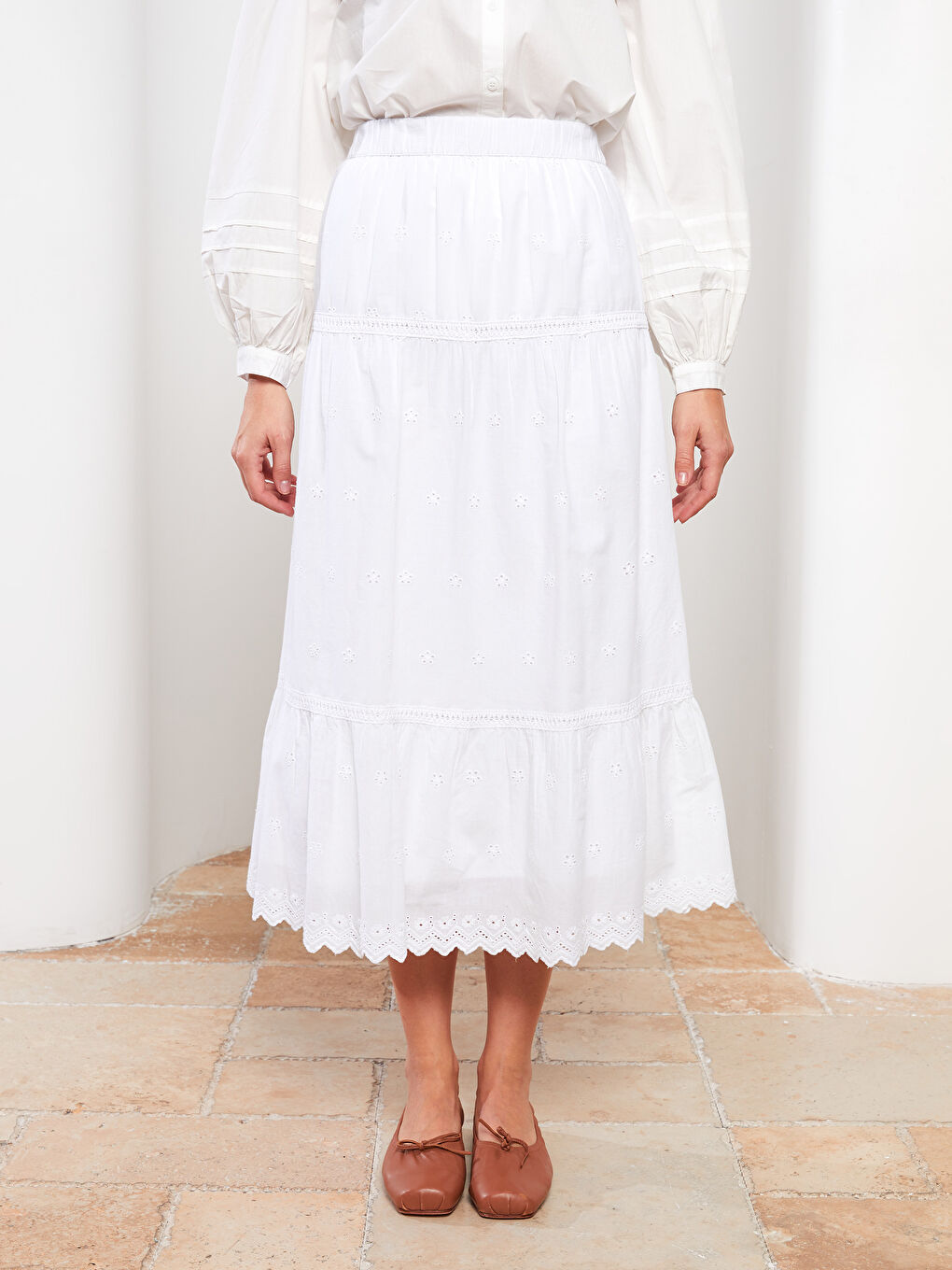 Elastic Waist Embroidered A-Line Poplin Women's Skirt -S31695Z8-SAT