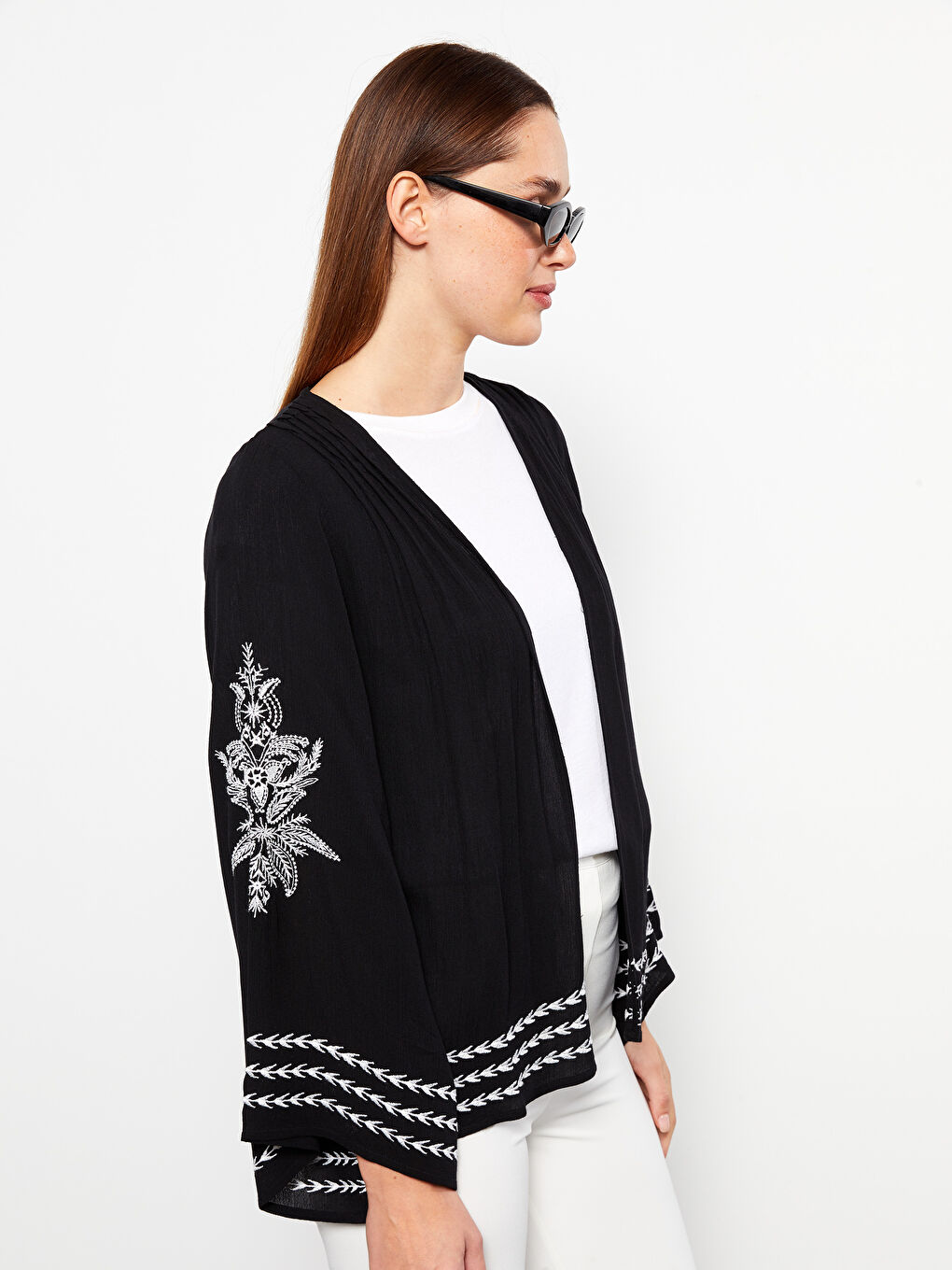 Shawl Collar Embroidered Long Sleeve Oversize Women's Kimono-1