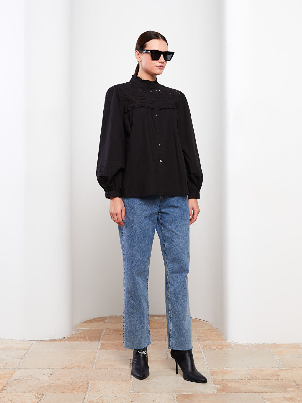Ruffled Standing Collar Embroidered Long Sleeve Women's Shirt -S31698Z8-RQL