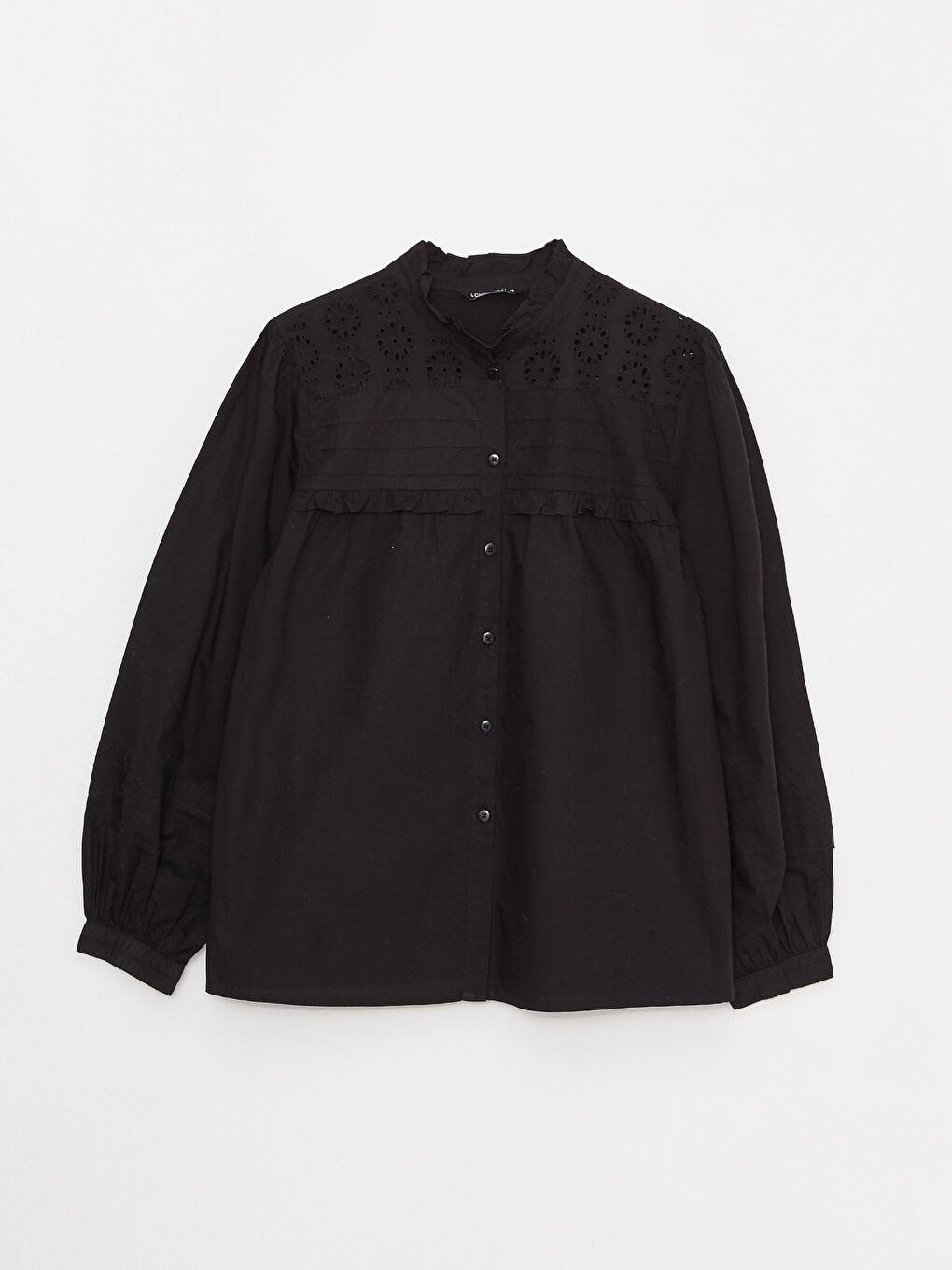 Ruffled Standing Collar Embroidered Long Sleeve Women's Shirt -S31698Z8-RQL