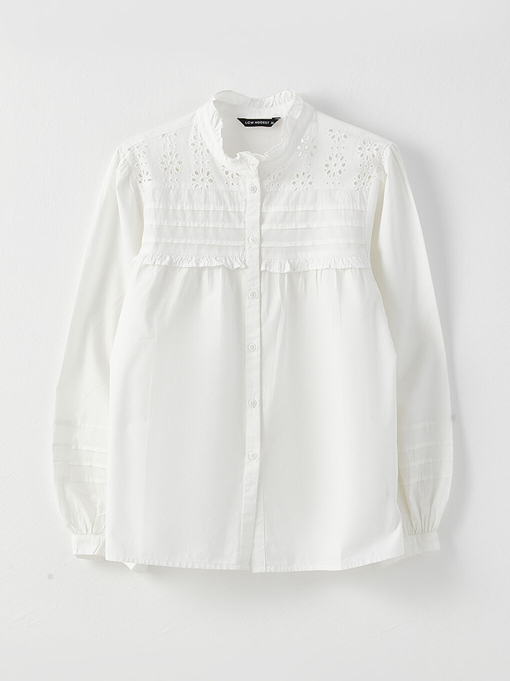 Beyaz Fırfırlı Dik Yaka Nakışlı Uzun Kollu Kadın Gömlek-7