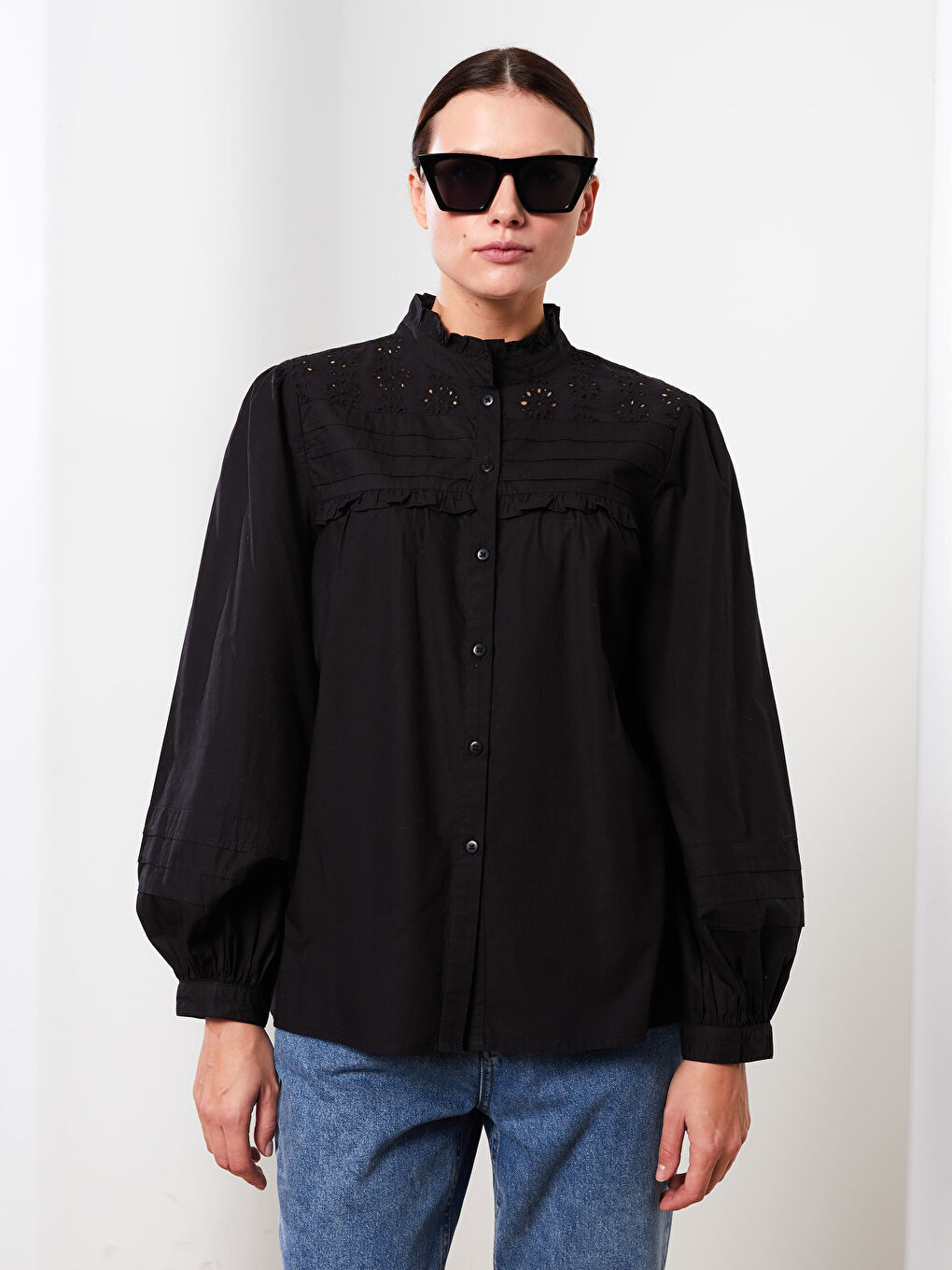 Ruffled Standing Collar Embroidered Long Sleeve Women's Shirt -S31698Z8-RQL