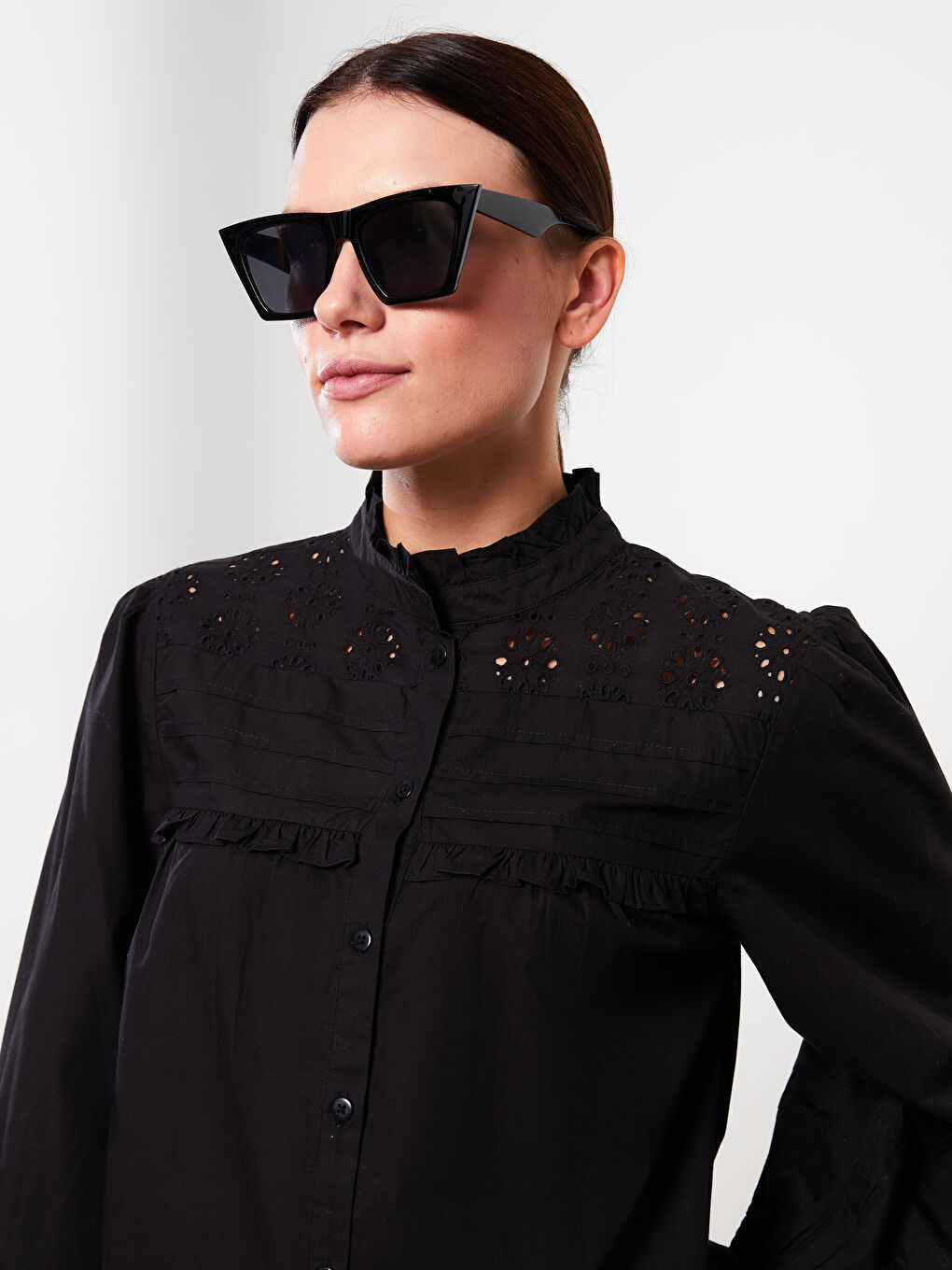 Ruffled Standing Collar Embroidered Long Sleeve Women's Shirt -S31698Z8-RQL