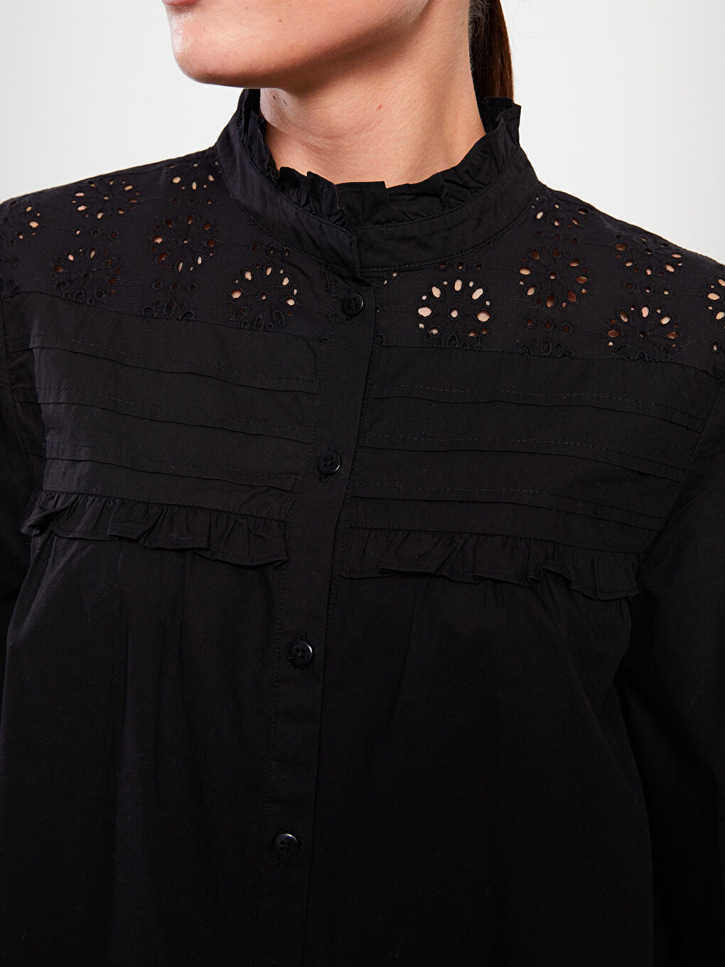 Ruffled Standing Collar Embroidered Long Sleeve Women's Shirt -S31698Z8-RQL