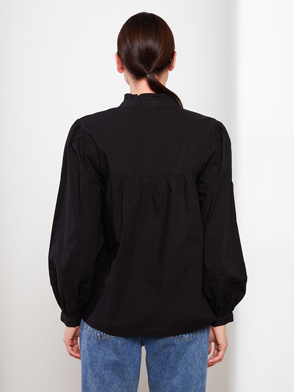 Ruffled Standing Collar Embroidered Long Sleeve Women's Shirt -S31698Z8-RQL