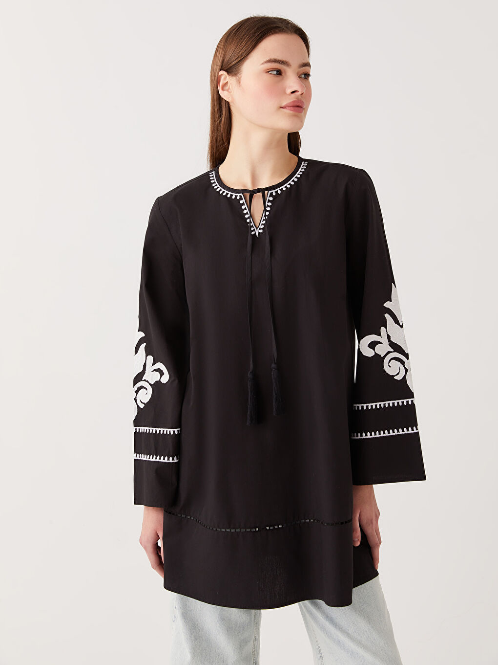 Tie Collar Embroidered Long Sleeve Women's Tunic -S31701Z8-RQL